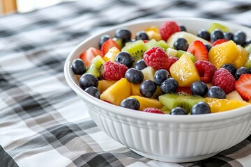 Fresh fruit salad in a white bowl on a checkered tablecloth - healthy eating - food presentation - summer refreshments