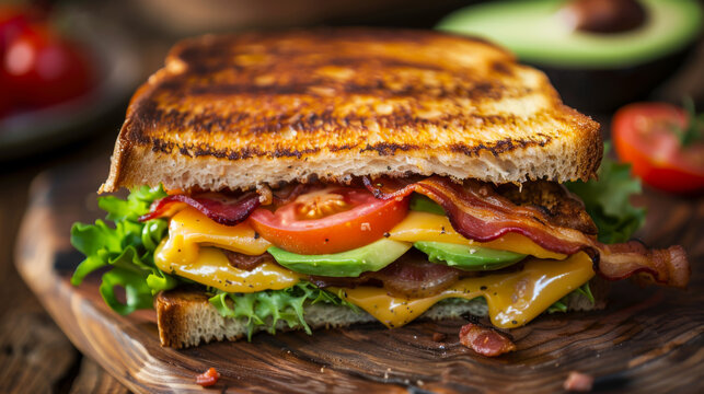 A grilled cheese sandwich with bacon lettuce tomato and avocado