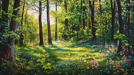   A stunning portrait of a lush forest brimming with towering trees and vibrant wildflowers, with a majestic bird perched gracefully on the ground