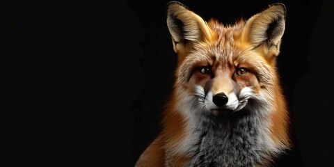Portrait of a red fox, photo studio set up with key light, isolated with black background and copy space