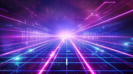 Retro futuristic background with neon grid and laser light, glowing cyberpunk landscape for virtual reality game or motion graphics. Vector illustration of blue purple glow in space.