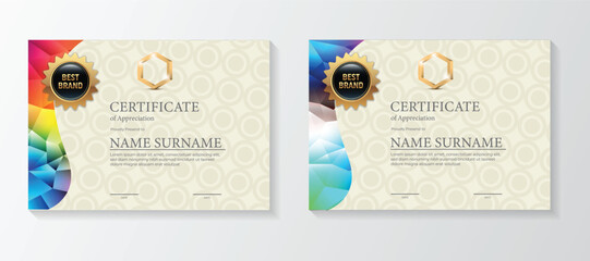 Set modern certificate template with triangular geometric polygons on circular lines ornate background.