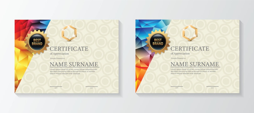 Set modern certificate template with triangular geometric polygons on circular lines ornate background.