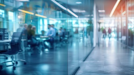 Fototapeta premium Business office with blurred people casual wear, with blurred bokeh background. Defocused board meeting background behind glass wall. Blurred office with people working behind glass wall,