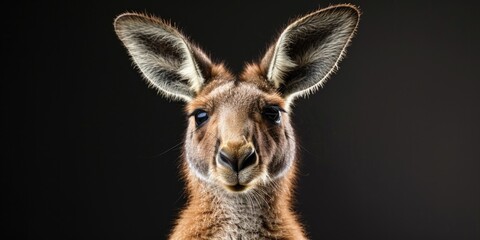 Obraz premium Portrait of a smiling happy kangaroo, photo studio set up with key light, isolated with black background and copy space.