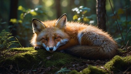 Naklejka premium Close up view of a young sleeping fox nestled amongst the undergrowth of a serene forest