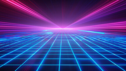 Abstract background of neon grid landscape in retro style, futuristic design for virtual reality or arcade game poster with blue and purple glow lines