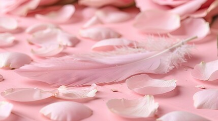   A macro shot of a pink rose, feather, and surface against a pink backdrop of roses