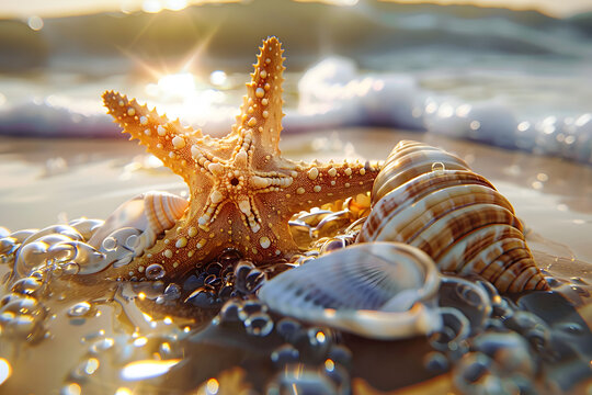 starfish and seashell on the summer beach in sea water.