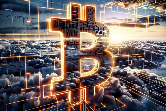 A glowing Bitcoin logo made of digital code and binary numbers, with an industrial landscape in the background.