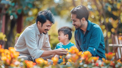 LGBTQ+ , Asian couple enjoying time with they children in garden, (generative AI)