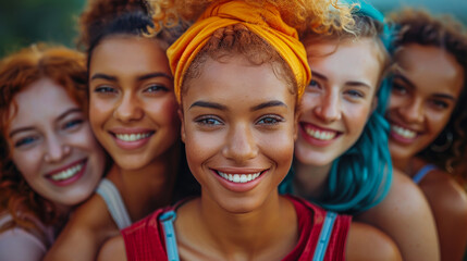 Fototapeta premium A group of women with different hair colors and styles are smiling and posing for a picture. Scene is happy and friendly, as the women are enjoying each other's company and sharing a moment together