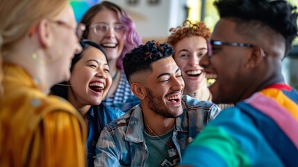 Obraz premium Young diverse people having fun and laughing together, (Generative AI)