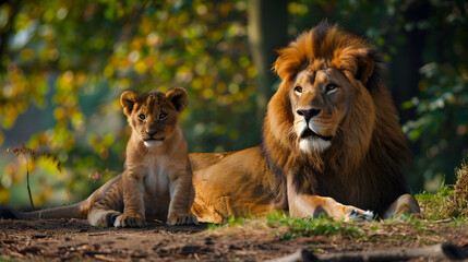 A majestic lion and his cub in their natural habitat, representing the bond and protection within a...