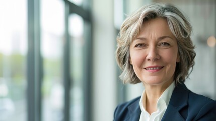 Portrait of an elder happy smiling business woman in the office wearing a suit, blurred background.