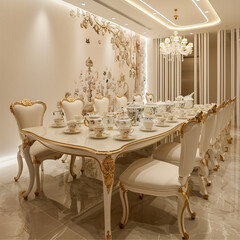 A large room with a beige floor, a white and gold table, and a number of cups and teapots on it