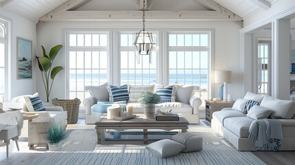 Fototapeta premium A breezy coastal-inspired living space with whitewashed wood floors, nautical accents, and oversized windows that let in views of rolling waves and sandy shores.
