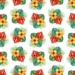 Tropical flowers seamless pattern. Exotic flowers and palm leaves. Plumeria and Hibiscus flowers. Colorful tropical flowers. Summer vacation vibe. Tropical Background. Hawaiian Tropical Plants