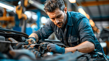 Portrait of a mechanic working on a car in an auto repair shop. A worker is rebuilding an engine over an open hood. Concept of work, automotive industry.
