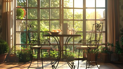 A charming breakfast nook with a wrought iron bistro set overlooking a sunlit garden.