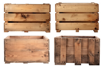 Set of wooden crate boxs PNG Vintage wood Box Container isolated on white and transparent background - Reusable Storage Shipping Cargo Rustic Farmhouse Packaging 