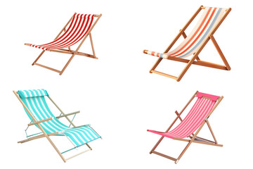 Set of Beach colored chairs PNG Portable wooden chair isolated on white and transparent background - Lounge Seating Vacation Relaxation Folding Chair Summer Travel concept