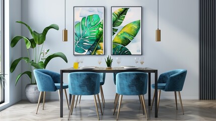 A chic dining area adorned with a stylish mockup frame exhibiting vibrant botanical artwork.