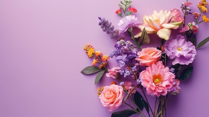 Obraz premium Vibrant bouquet of assorted flowers against pastel purple background