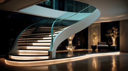 A unique staircase with alternating black and white steps, complemented by a curving glass handrail...