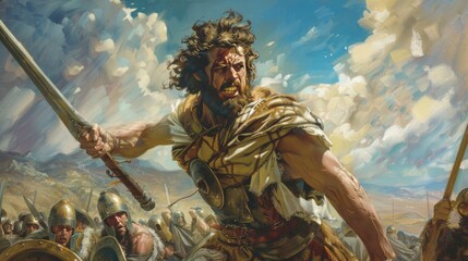  Portrait of David in battle against the Philistines and giant Goliath