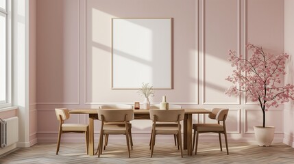 A chic dining room featuring soft pink walls and a wooden dining table, with an empty mockup frame as a focal point on the wall.