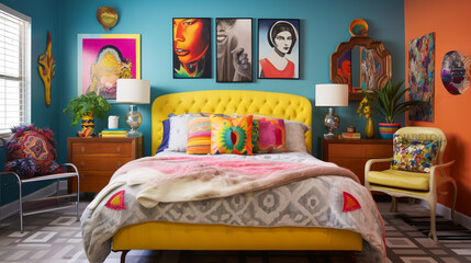 A vibrant and eclectic bedroom with a mix of bold patterns, a colorful accent wall, and a collection of unique vintage furniture pieces.