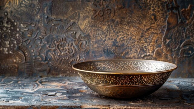 Ornate metal bowl with intricate designs on rustic background - Powered by Adobe