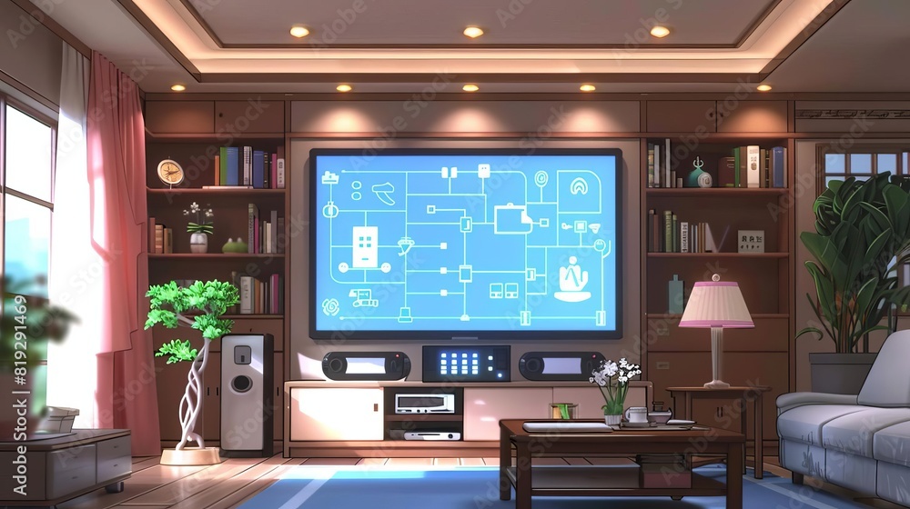 Poster a smart home controlled by iot devices, with interconnected gadgets and appliances communicating sea