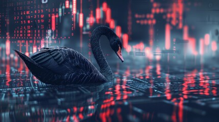 Black Swan on the background of currency charts. Concept. A rare and unexpected event that has a major effect, such as a financial crash .