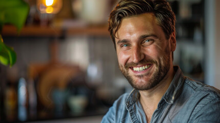 Obraz premium Portrait of a handsome man looking at the camera outdoors. Young happy man walking on a sunny day. Walking and relaxation concept. Lifestyle.