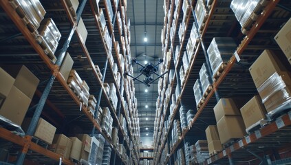 drones hovering over aisles in a warehouse, diligently scanning barcodes for precise inventory management, showcasing the seamless integration of technology into the supply chain