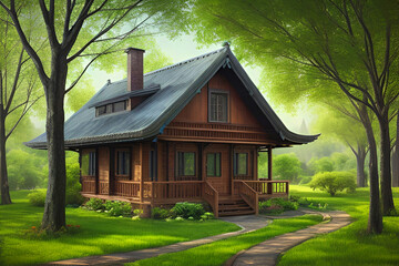 Wooden House Near Green Trees and Walk way and Grass. Ai generated