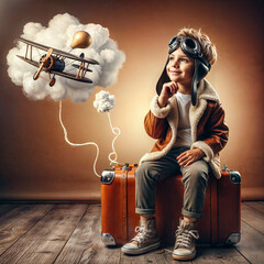 Young Boy with Goggles Imagines Flying on Suitcase ,digital illustration created with generative ai.