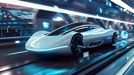 Advanced high-speed trains and vehicles in a neon-lit, futuristic cityscape, showcasing cutting-edge transportation technology and innovation.

