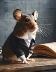 Mouse wearing a suit jacket, dark background and low light, studio photo.