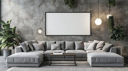 A chic living room with soft gray tones and a plush sectional sofa, featuring an empty mockup frame on the wall for custom artwork or photography.