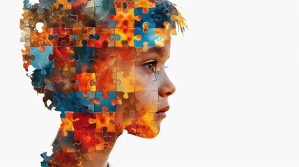 Mental health child concept. ADHD, attention deficit hyperactivity disorder, autism. Head of a child with puzzle pieces. Copy space.