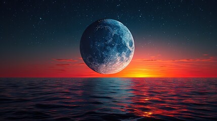   A celestial orb drifting amidst a luminous aquatic expanse, surrounded by a vibrant crimson sky and scattered cosmic orbs above