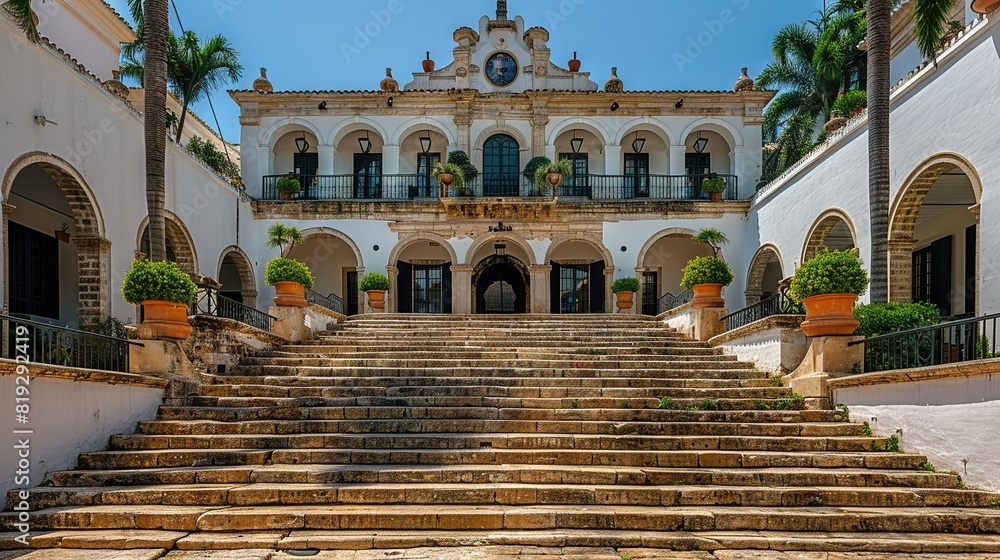 Poster a set of stone steps ascending towards a construction with a clock positioned atop one of the steps