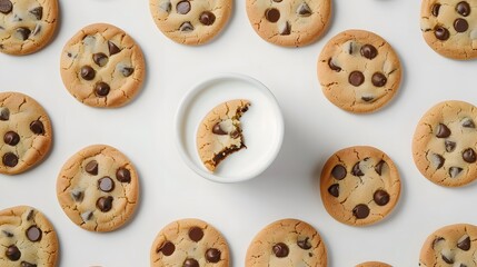 Chocolate Chip Cookies on White Background, Delicious Homemade Treats, Top View, Scattered Cookies with Copyspace, Perfect for Dessert Blogs and Marketing