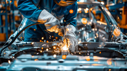 Experienced welder works on a welding machine at a car factory. A man with special clothes cooks a car at an industrial plant. Industry concept.