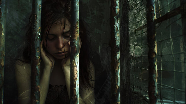 A depressed girl is imprisoned in an old jail with iron bars. Her metal cage symbolizes her captivity.