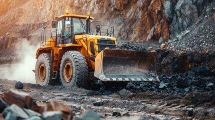 Powerful wheel loader or bulldozer working on a quarry or construction site. coal dust, black gold