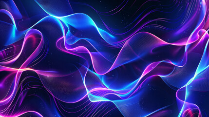 Abstract colorful blue and purple background with wavy lines, glowing effect and gradient in the style of vector on a black background